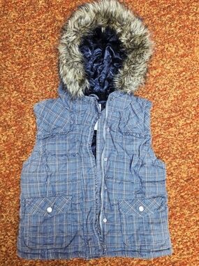 Aeropostale Plaid Puffer Vest with Faux Fur Hood